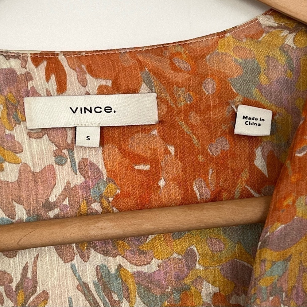 VINCE Silk Floral Print Long Sleeve Blouse Orange Fantasy Small - Picture 10 of 15